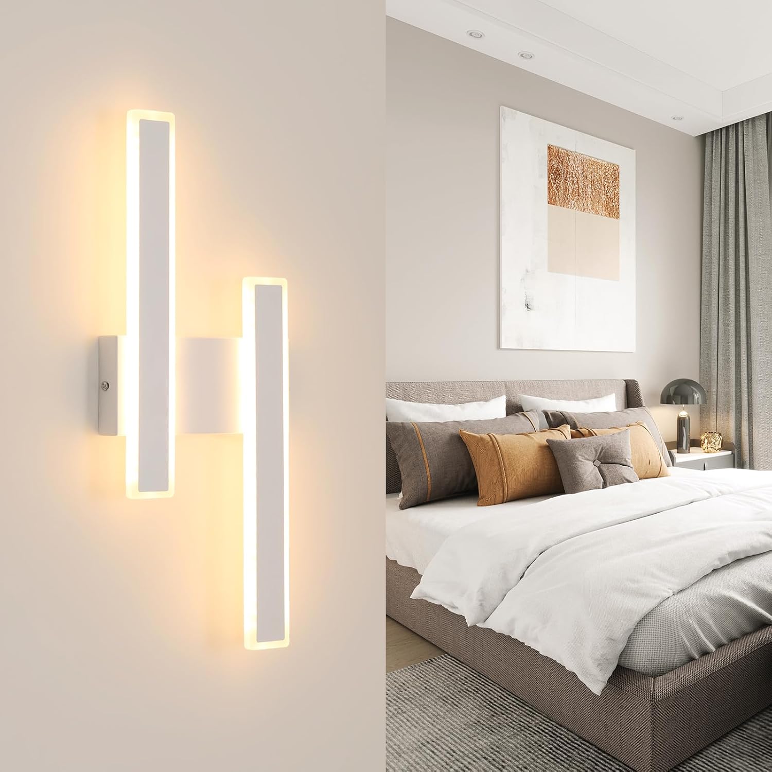 Modern bedroom with wall-mounted lights and a bed with pillows.