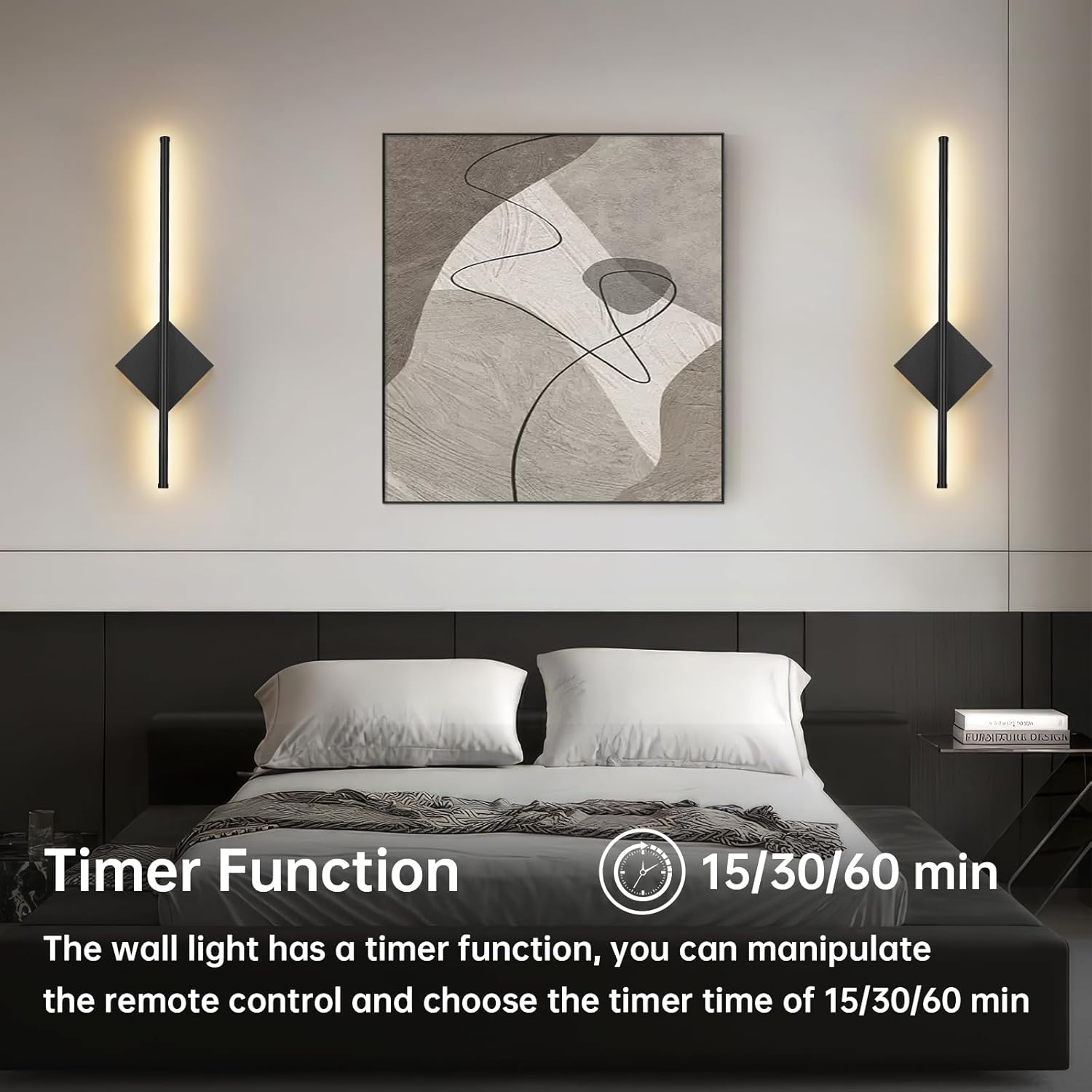 Modern bedroom with wall lights and abstract art, featuring timer function text.