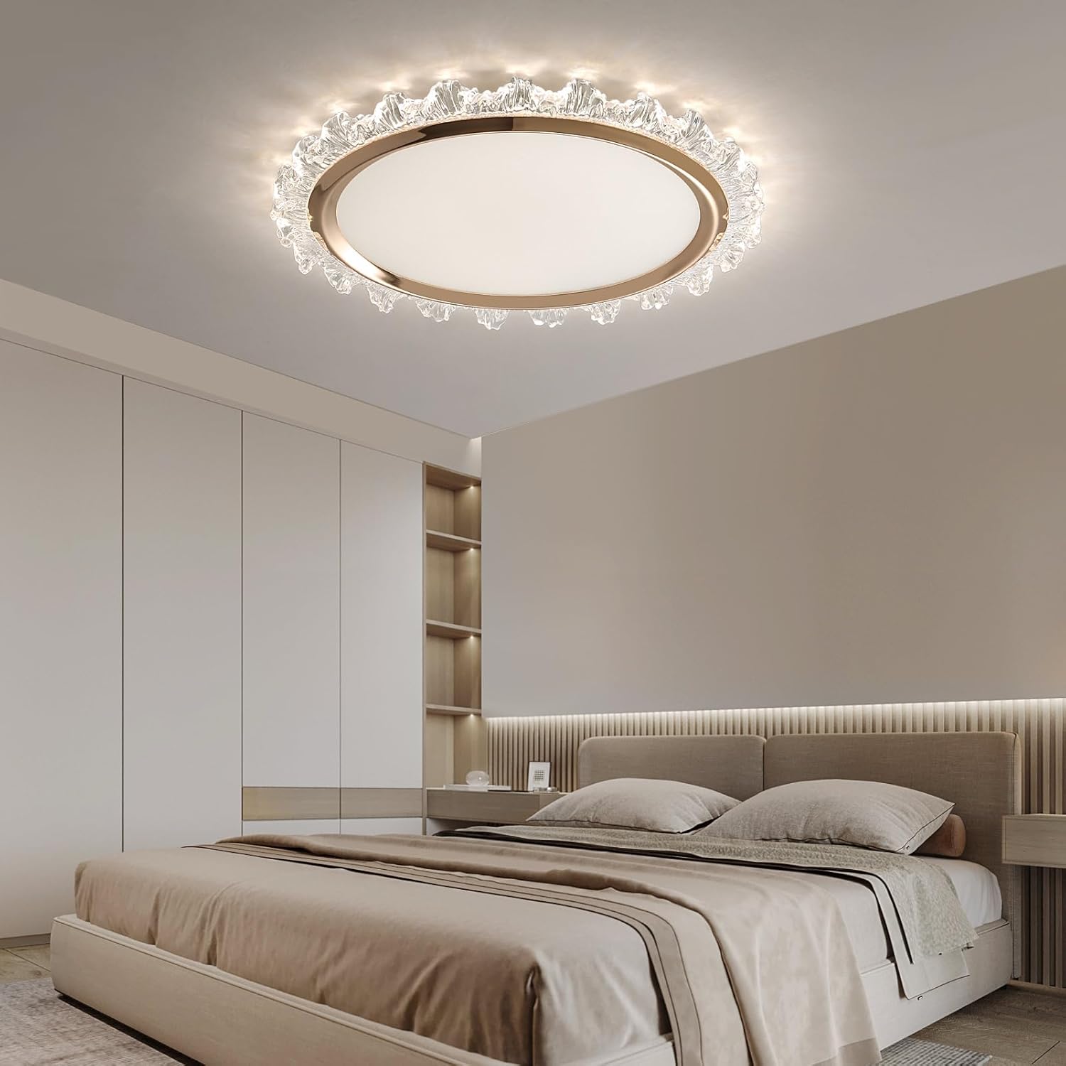 Modern bedroom with a ceiling light fixture