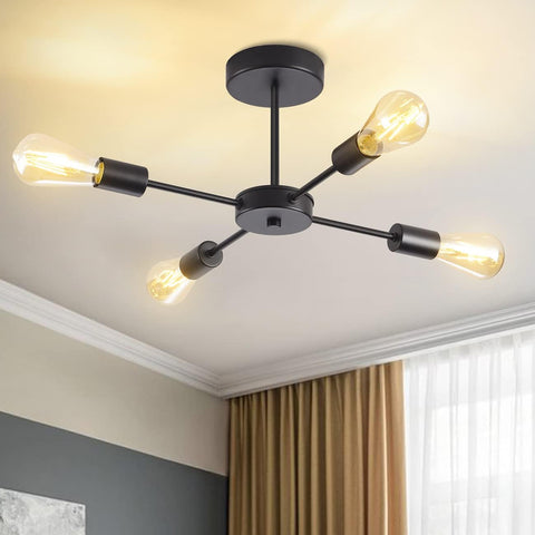 Modern black ceiling light fixture with multiple bulbs on a ceiling