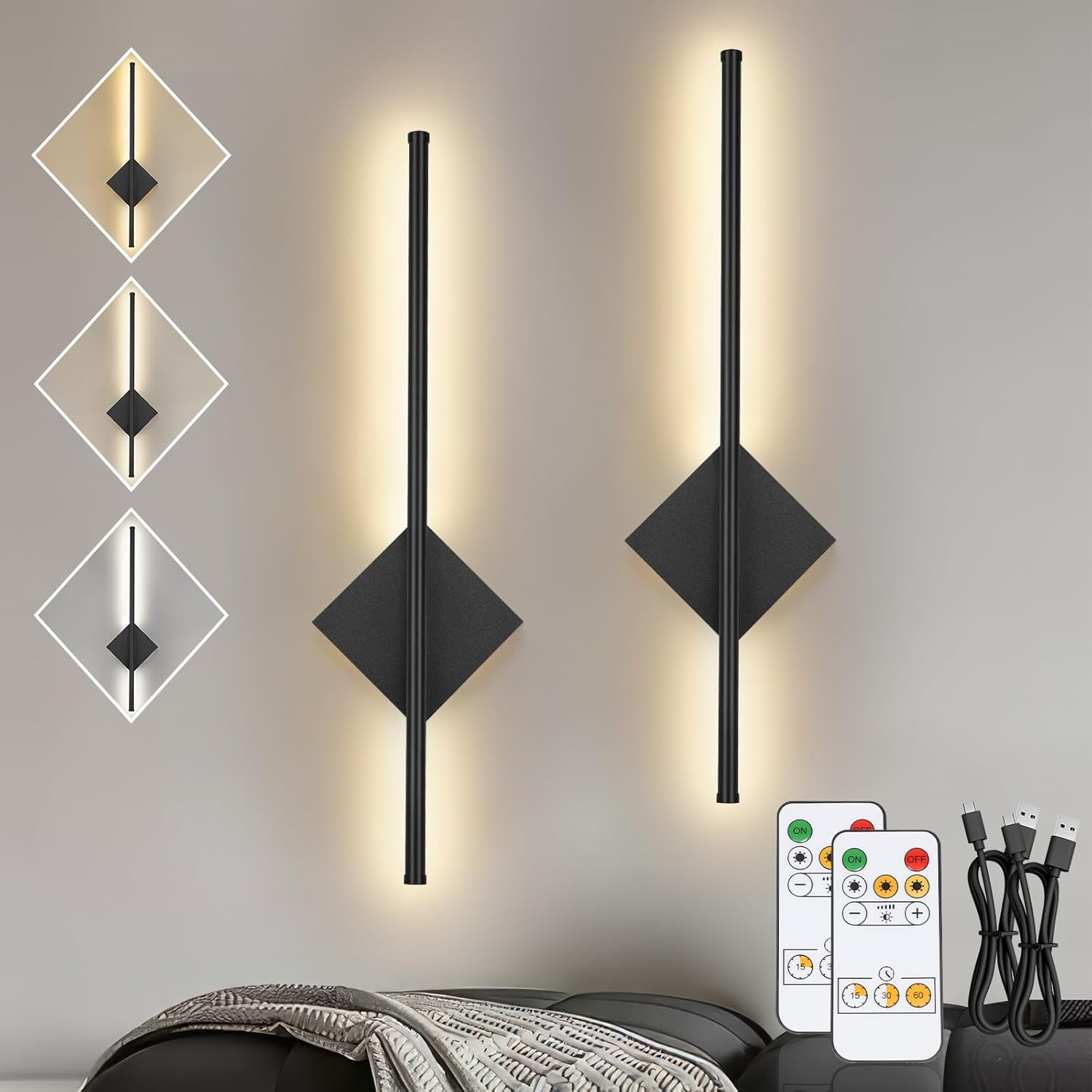 Modern black wall sconces with remote controls on a neutral background