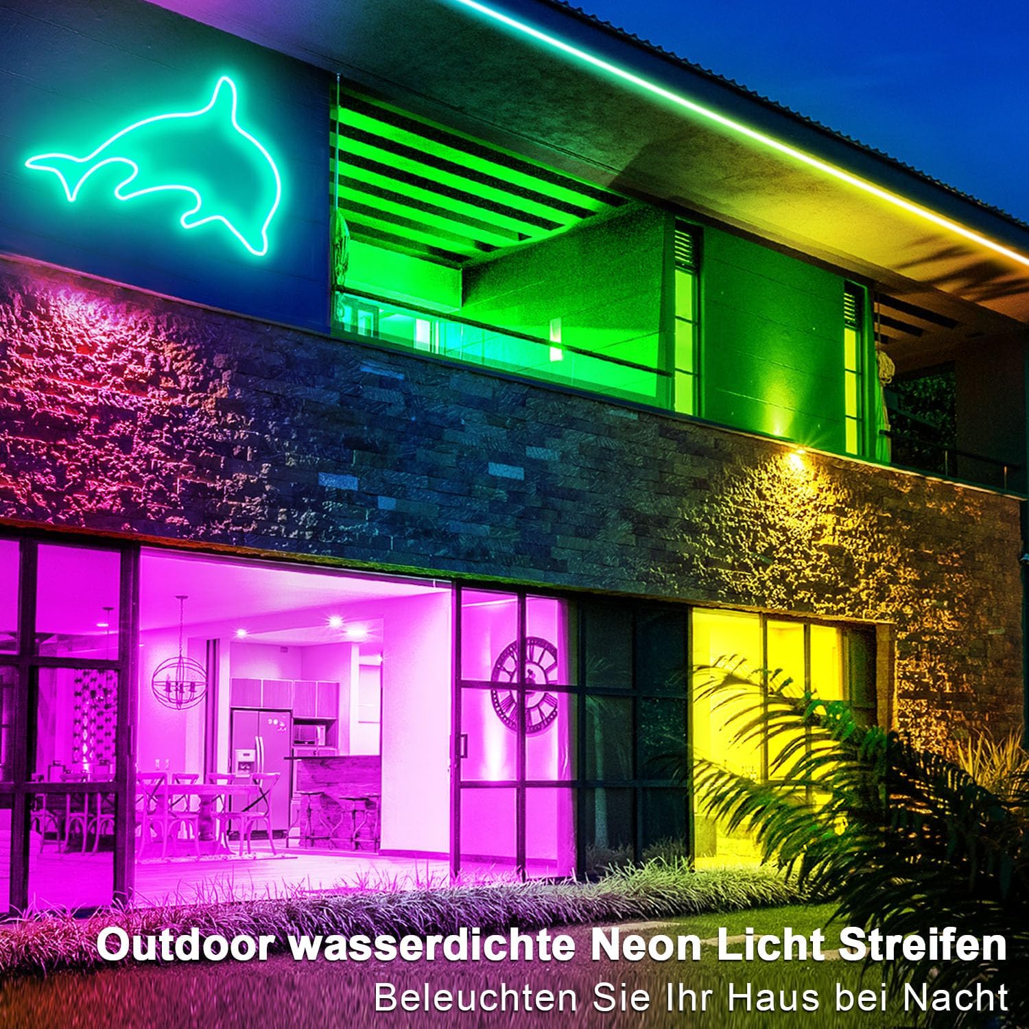 Modern building exterior with neon lights and visible interior.
