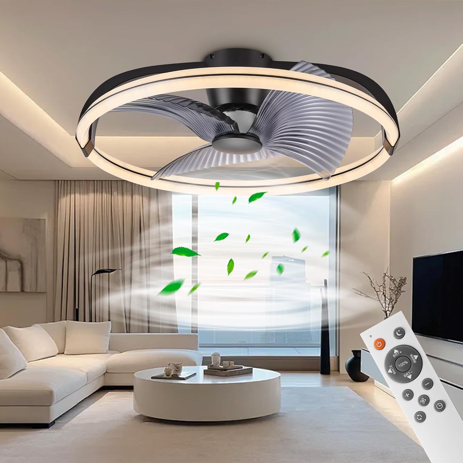 Modern ceiling fan with light fixture in a living room setting