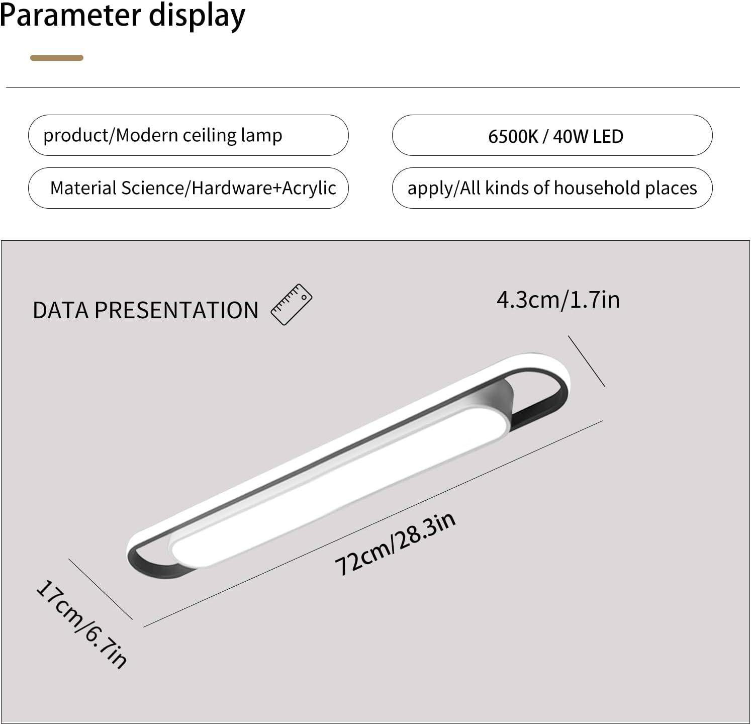 Modern ceiling lamp with dimensions and specifications on a gray background