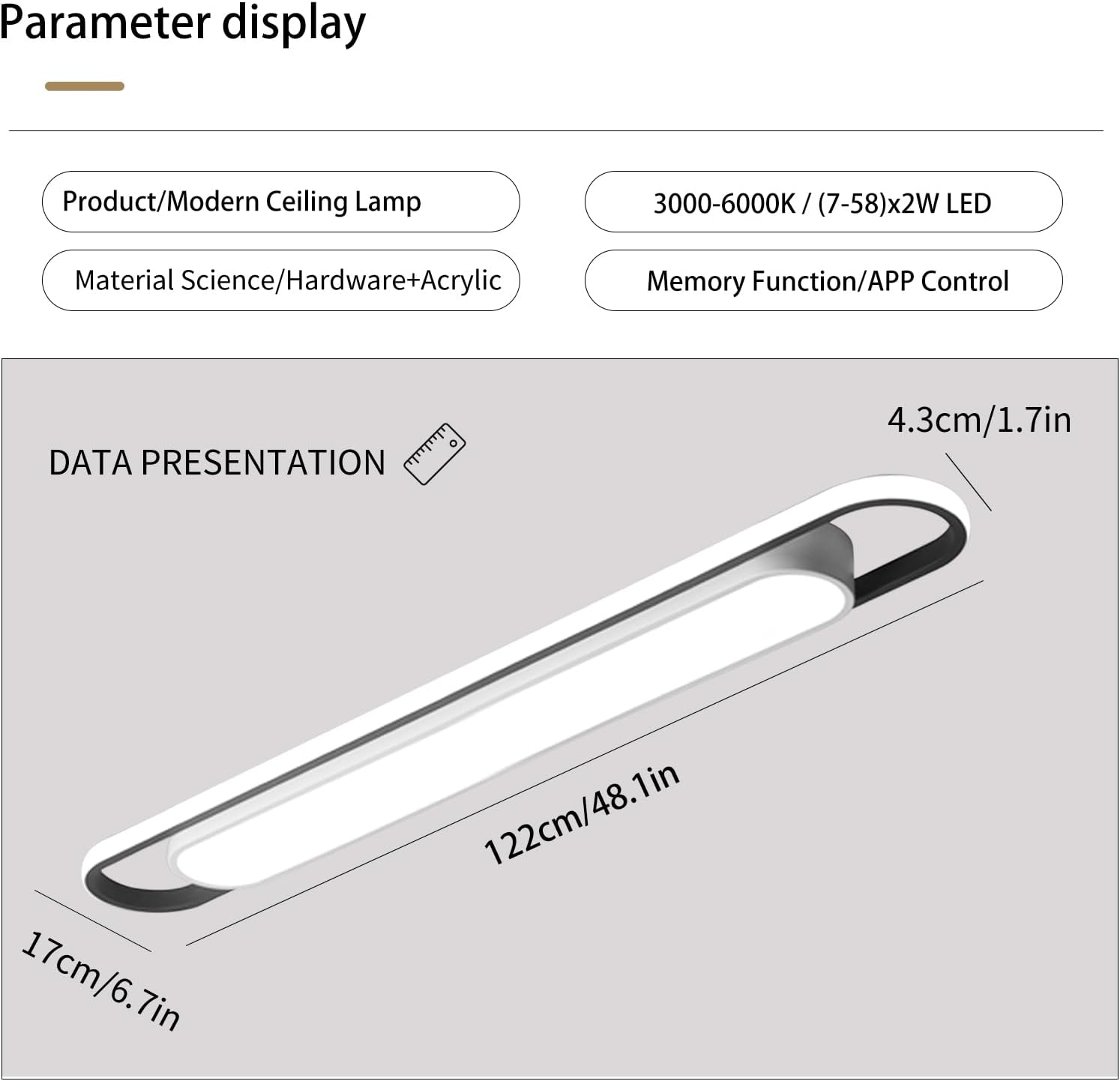 Modern ceiling lamp with dimensions and technical specifications on a gray background