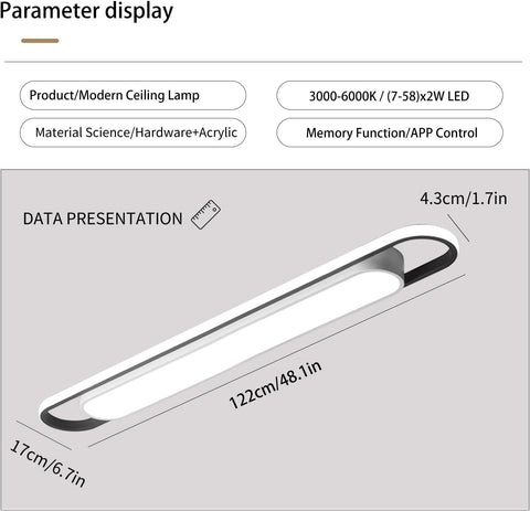 Modern ceiling lamp with dimensions and technical specifications on a gray background