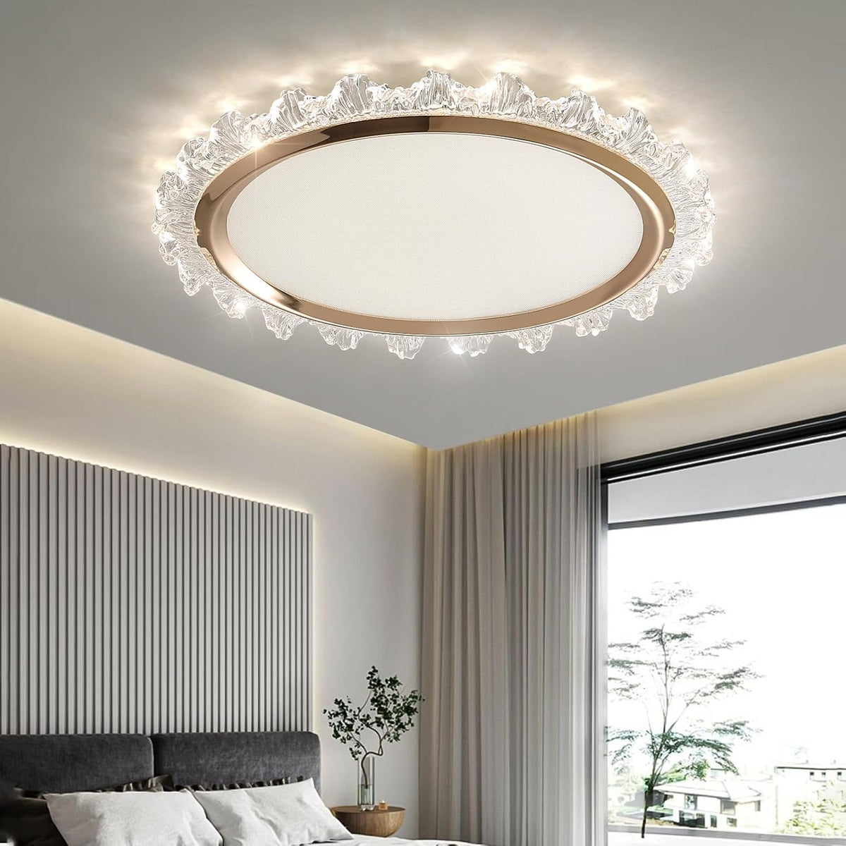 Modern ceiling light fixture in a bedroom with a window and bed in the background