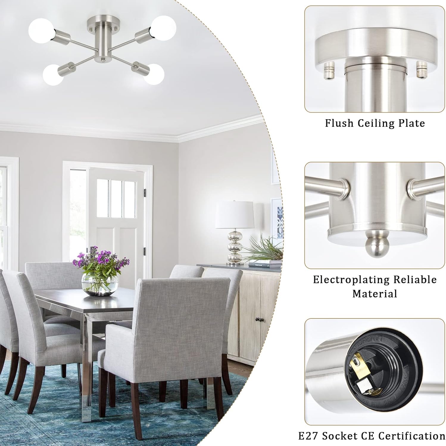 Modern ceiling light fixture in a dining room setting with close-up details.