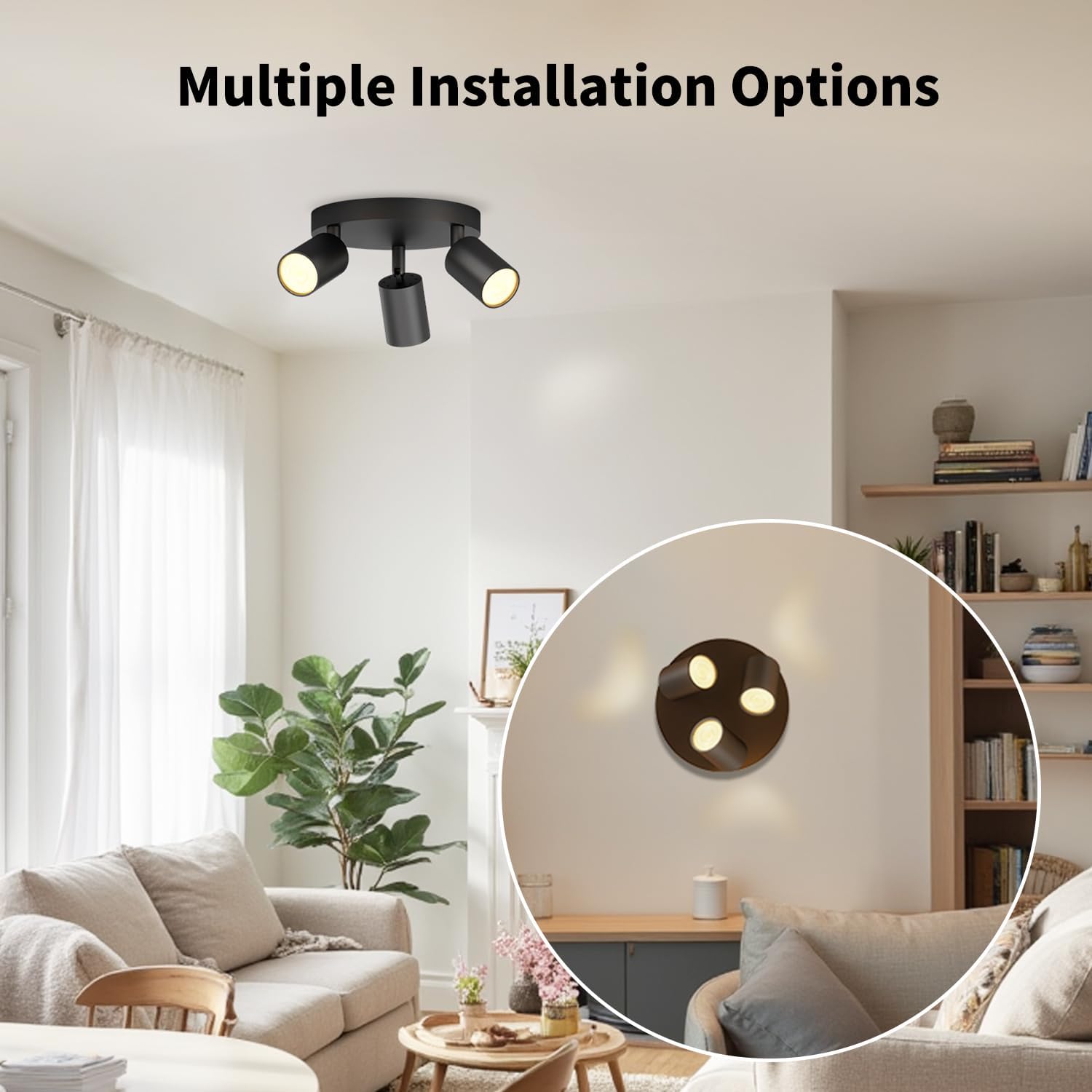 Modern ceiling light fixture in a living room setting with 'Multiple Installation Options' text.
