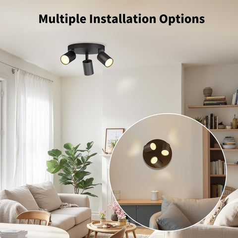 Modern ceiling light fixture in a living room setting with 'Multiple Installation Options' text.