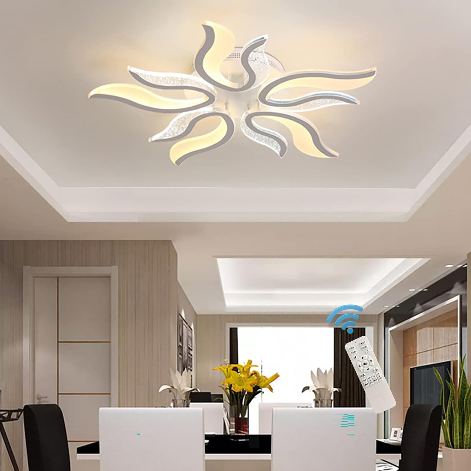 Modern ceiling light fixture in a living room setting with a remote control.
