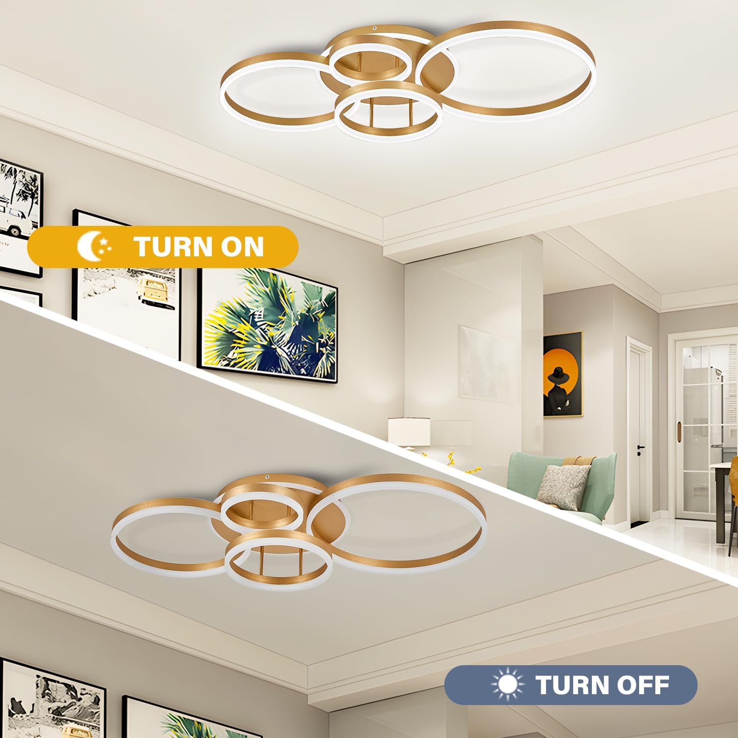 Modern ceiling light fixture in a living room with 'Turn On' and 'Turn Off' labels.