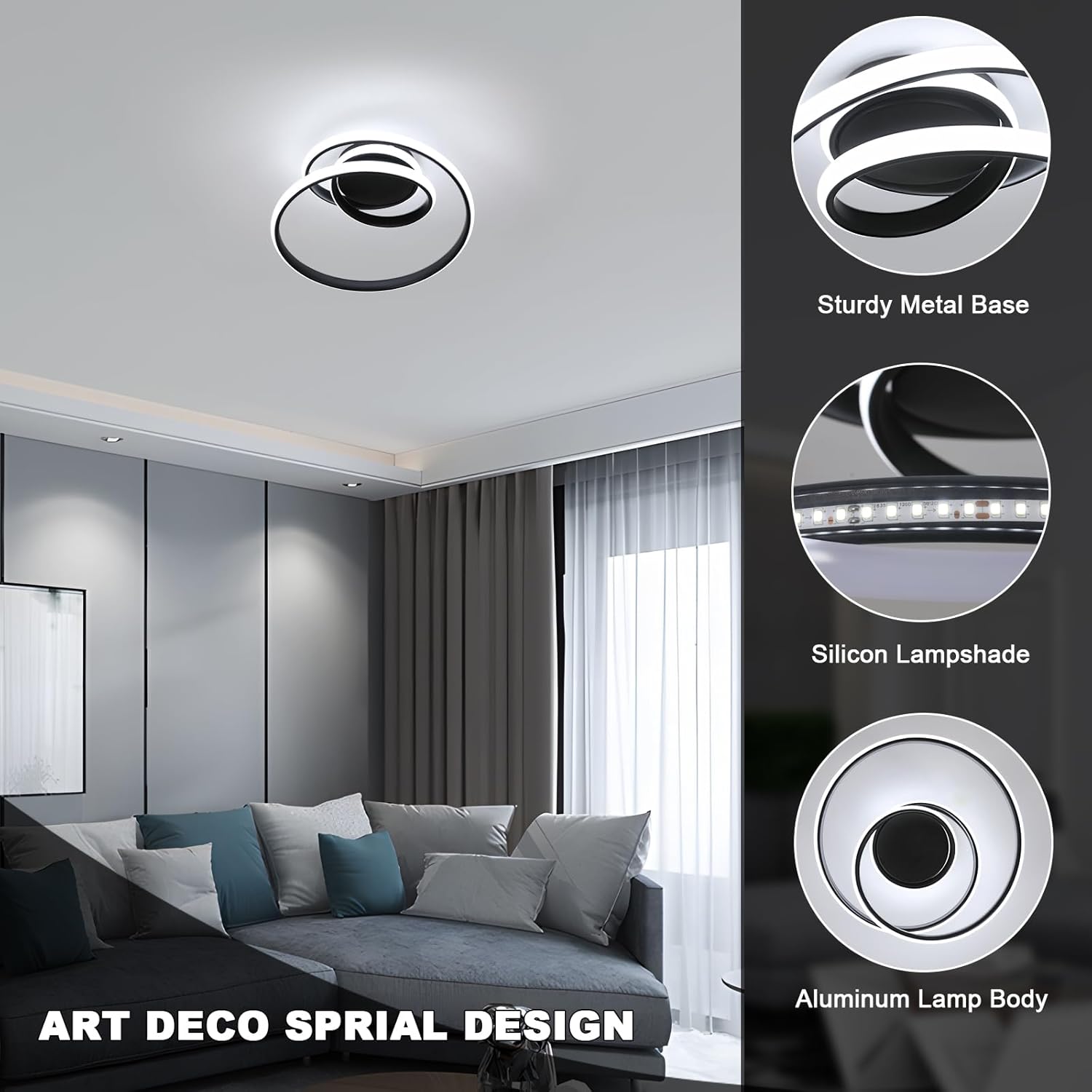 Modern ceiling light fixture in a living room with close-up details on a dark background.