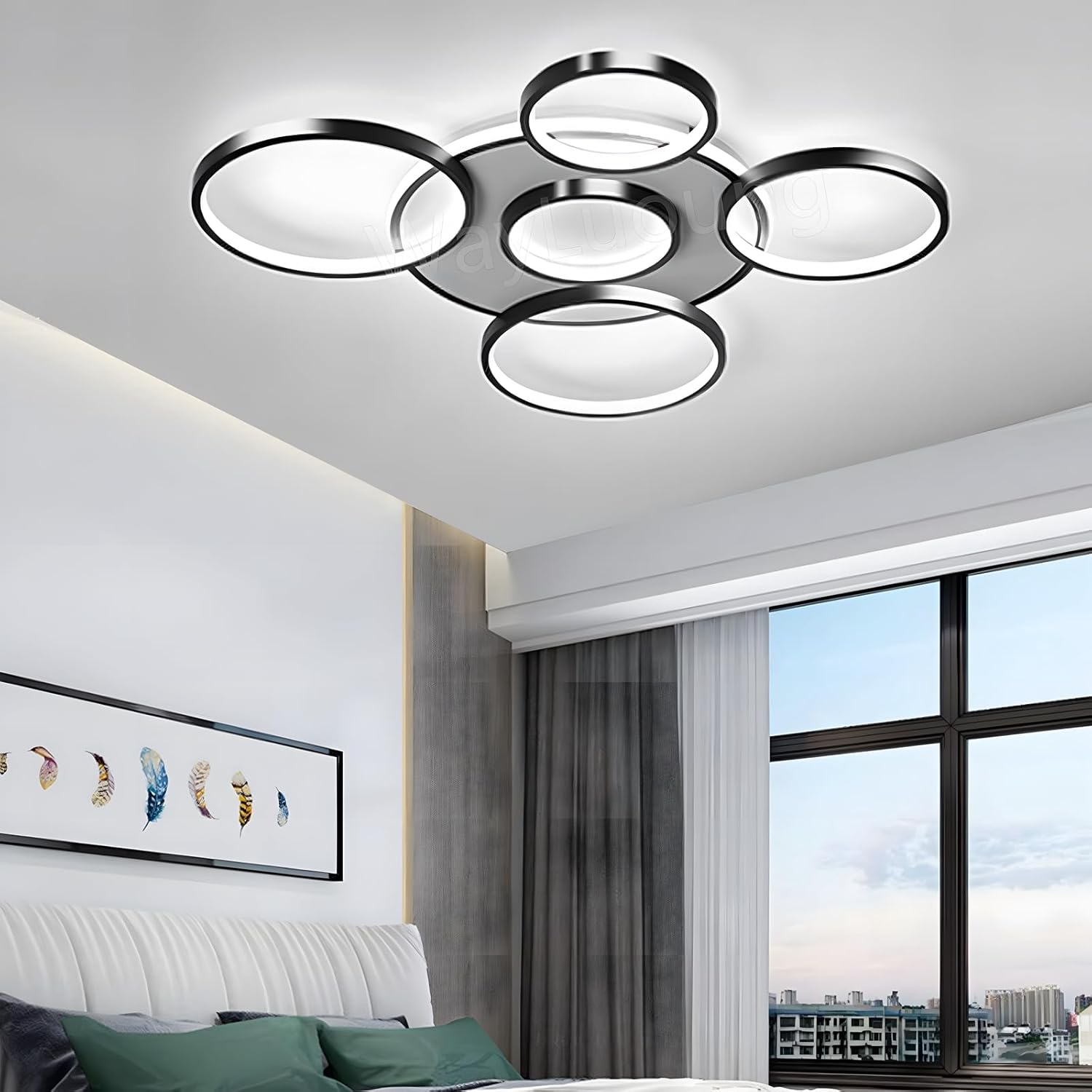 Modern ceiling light fixture in a room with a window and decor.