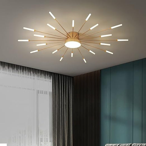 Modern ceiling light fixture in a room with curtains and a wall.