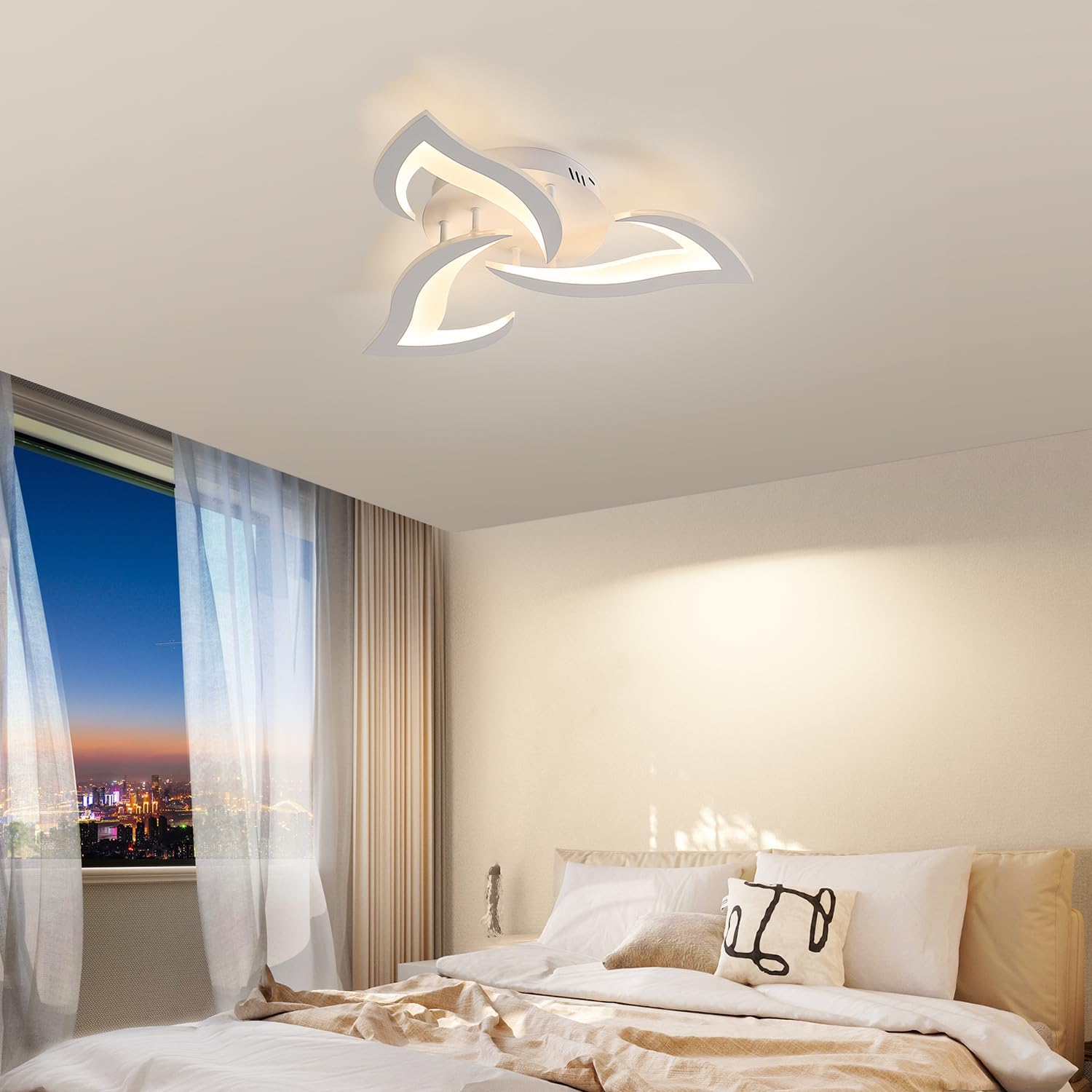 Modern ceiling light fixture in a bedroom with a cityscape view.