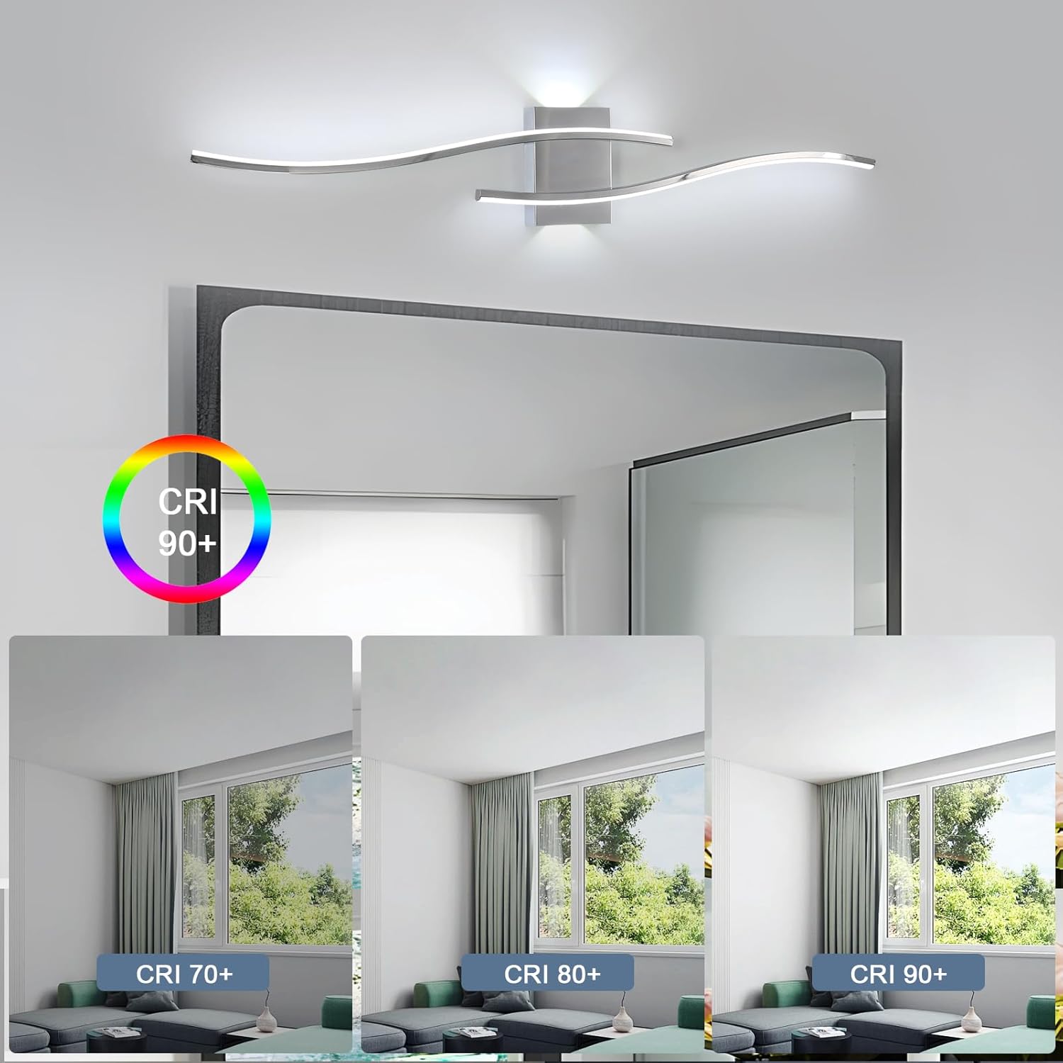 Modern ceiling light fixture with CRI rating indicators in a room setting.