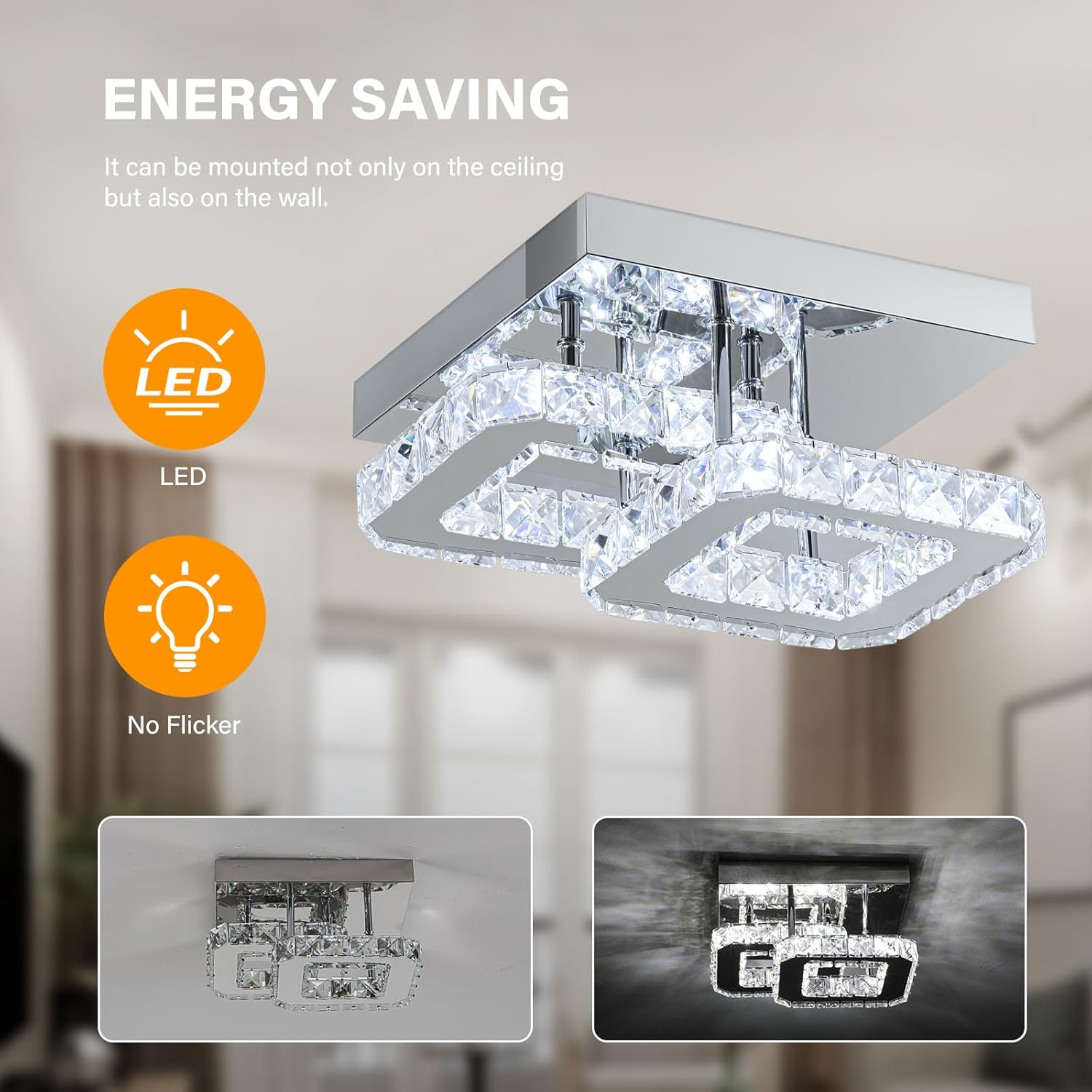 Modern ceiling light fixture with LED and energy-saving features, shown in a room setting.