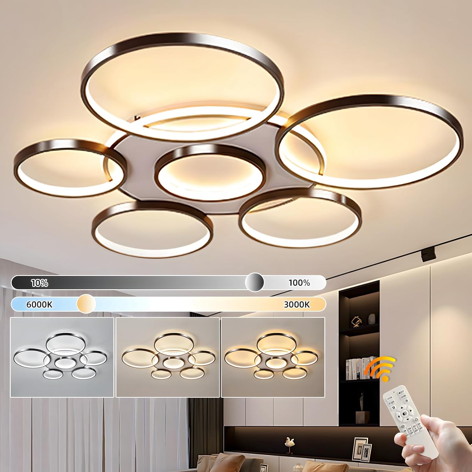 Modern ceiling light fixture with adjustable color temperature control in a home setting.