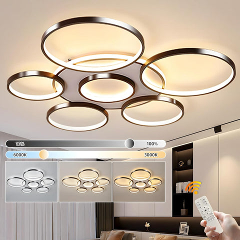 Modern ceiling light fixture with adjustable color temperature control in a home setting.