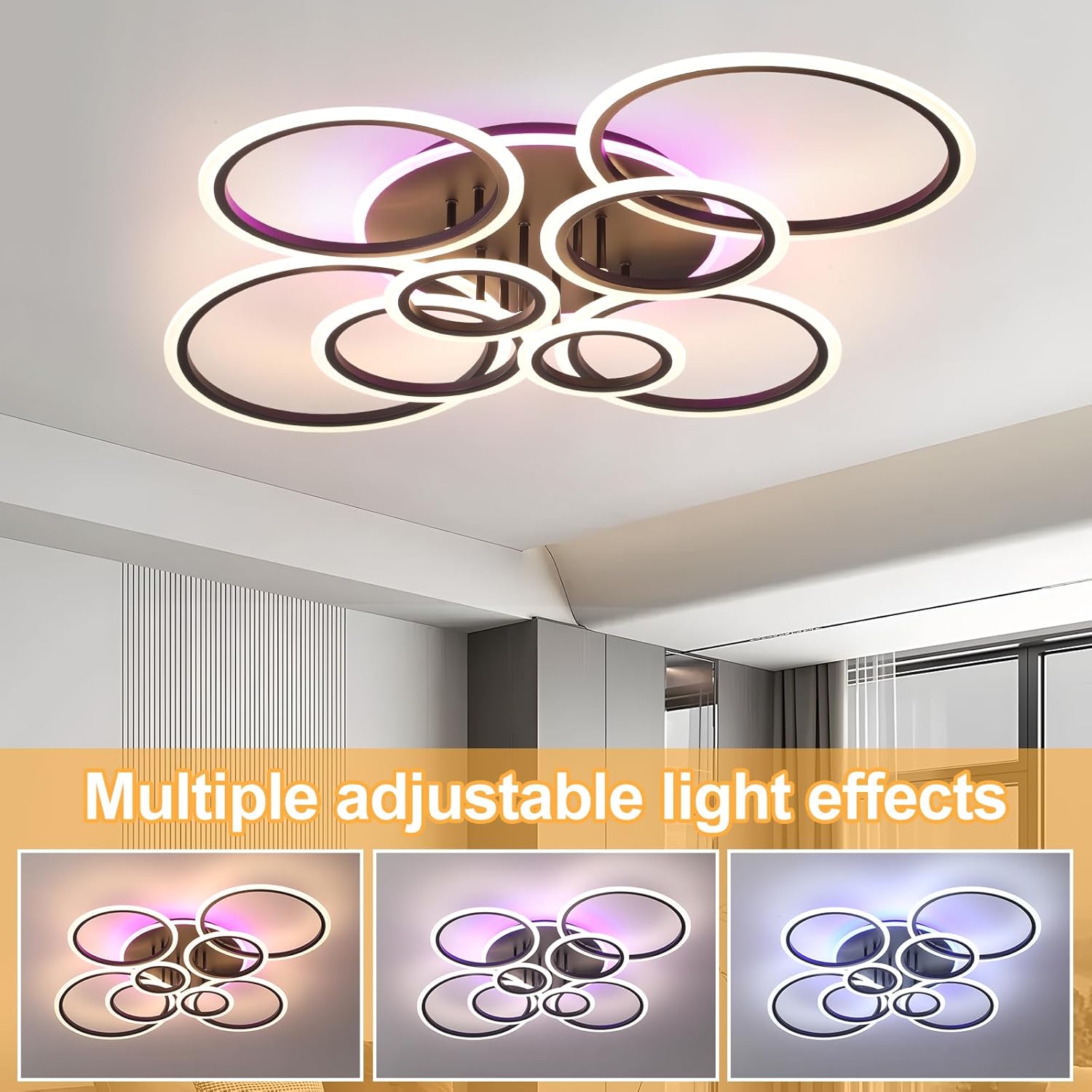 Modern ceiling light fixture with adjustable light effects in a room setting.