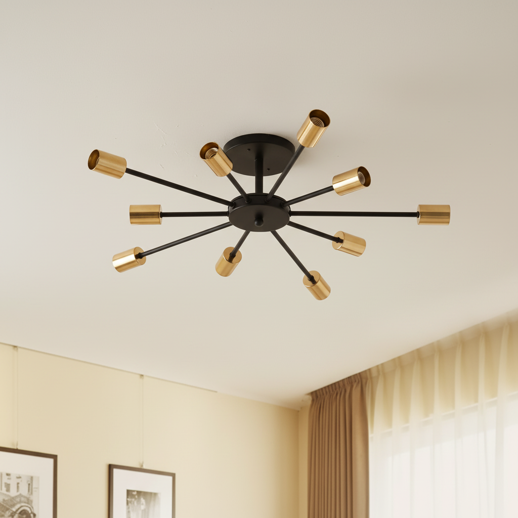 Modern ceiling light fixture with black and gold design on a neutral wall background