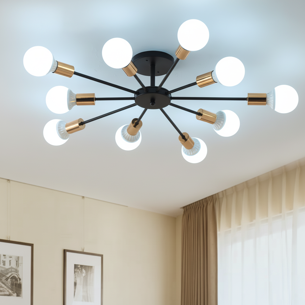 Modern ceiling light fixture with multiple white bulbs in a room with beige walls and a window.