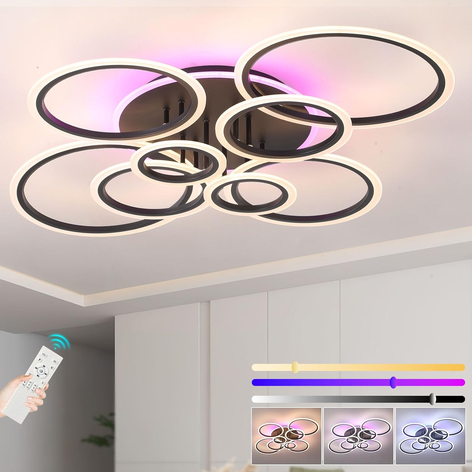 Modern ceiling light fixture with remote control and color-changing options.