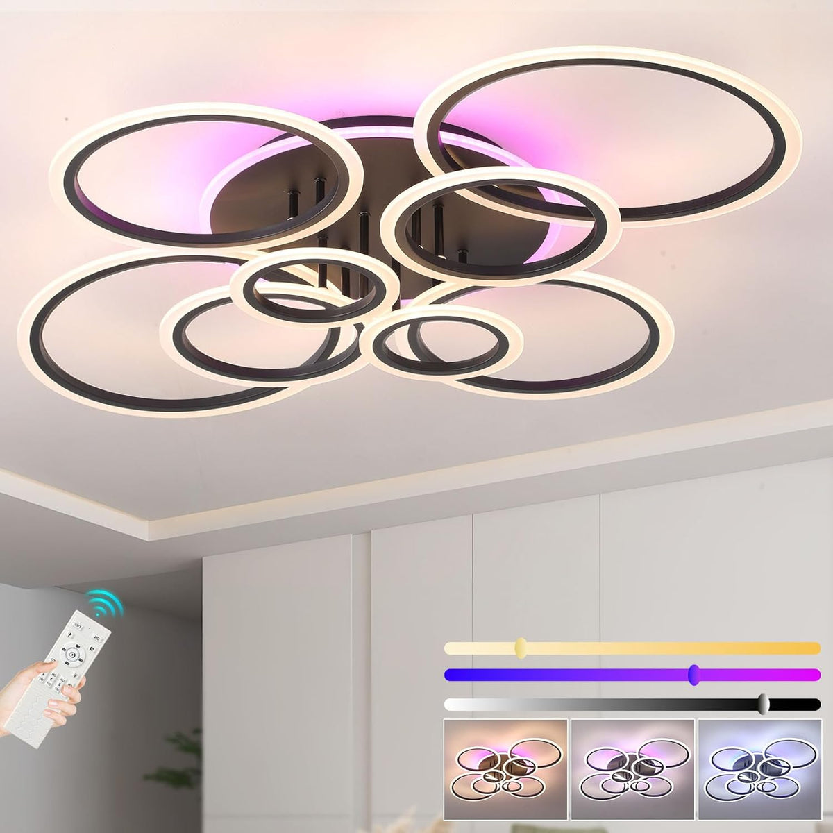 Modern ceiling light fixture with remote control and color-changing options.