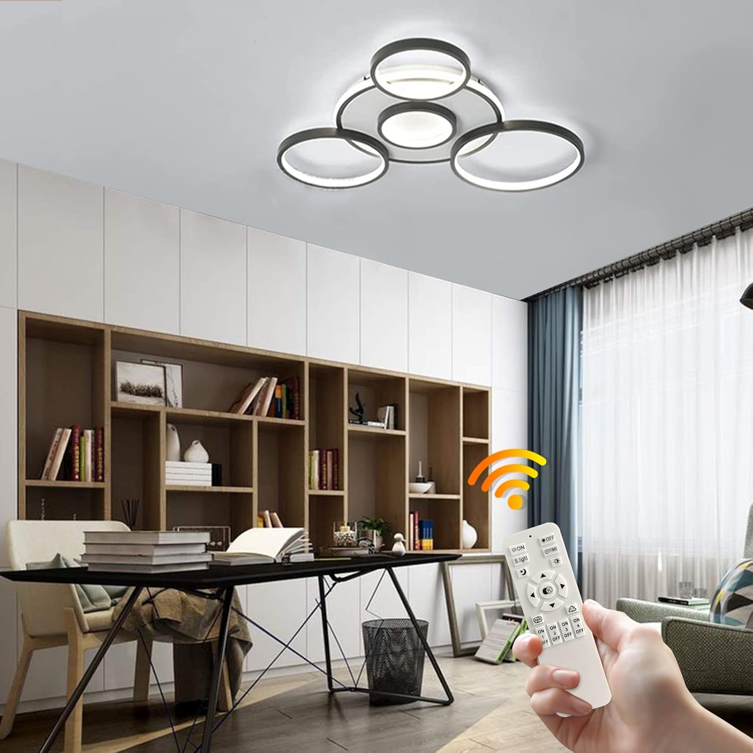 Modern ceiling light fixture with remote control in a living room setting