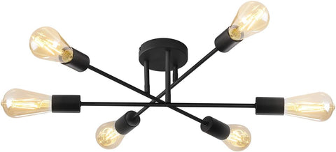 Modern ceiling light fixture with six exposed light bulbs on a white background