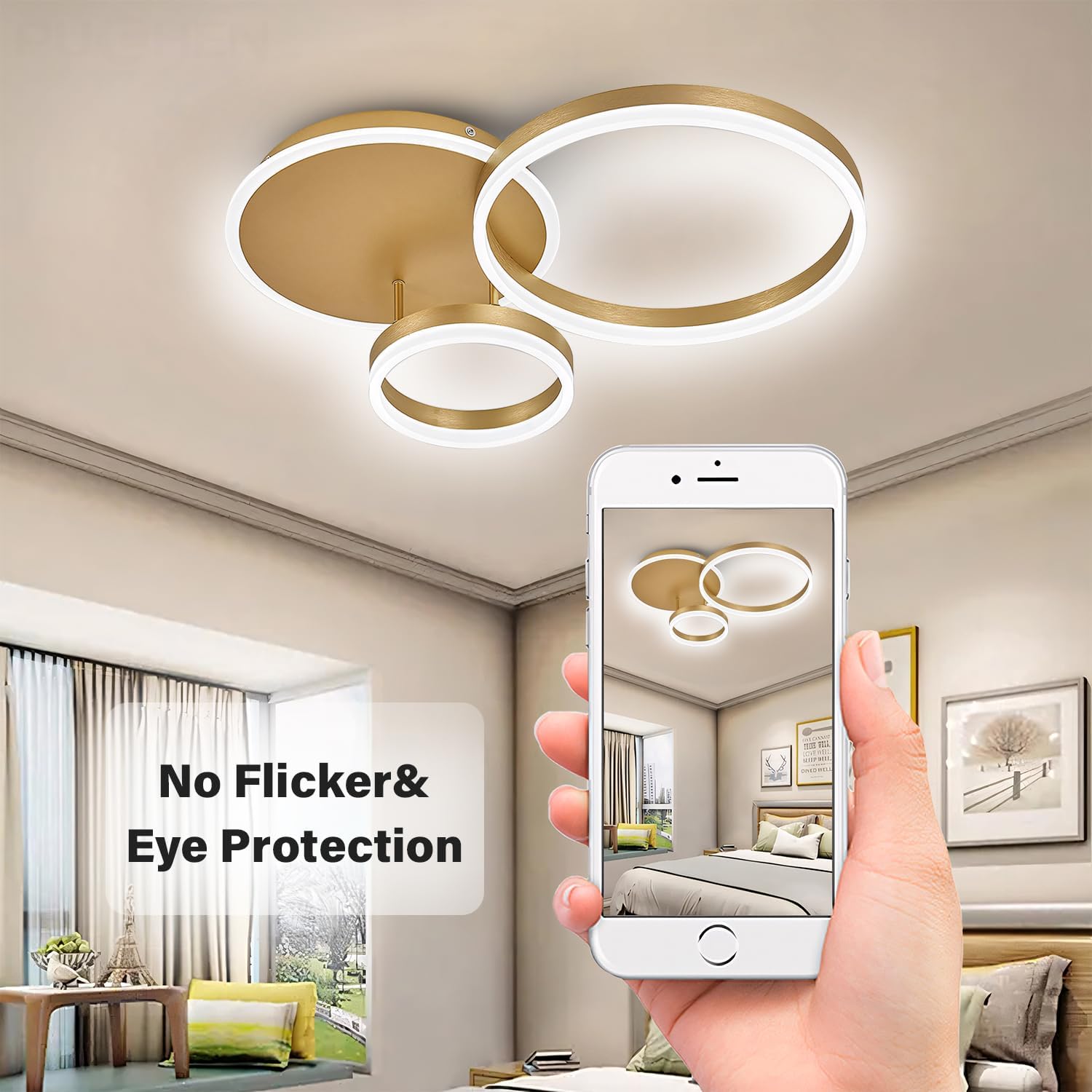 Modern ceiling light fixture with smartphone showing a room view, 'No Flicker & Eye Protection' text.