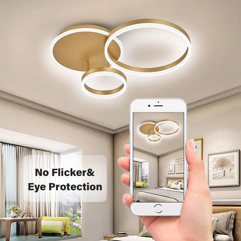 Modern ceiling light fixture with smartphone showing a room view, 'No Flicker & Eye Protection' text.