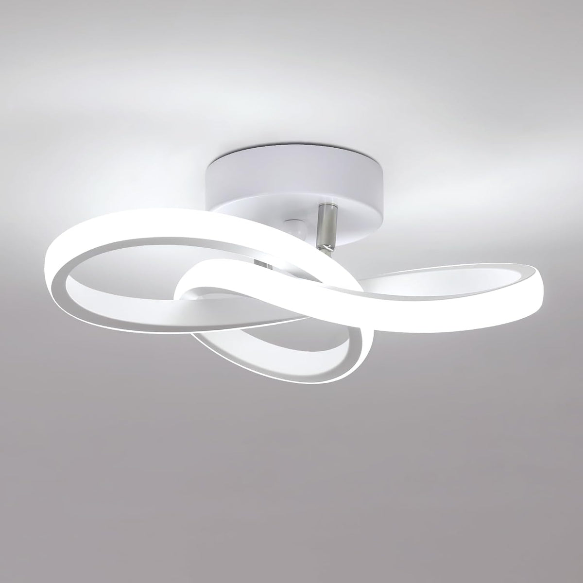 Modern ceiling light fixture with three circular shades on a gray background