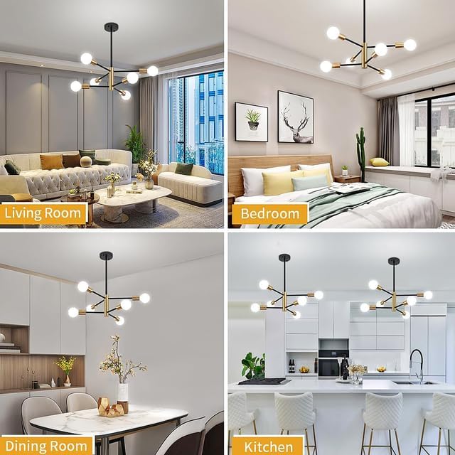 Modern chandelier in a living room with a fireplace and decorative items.
