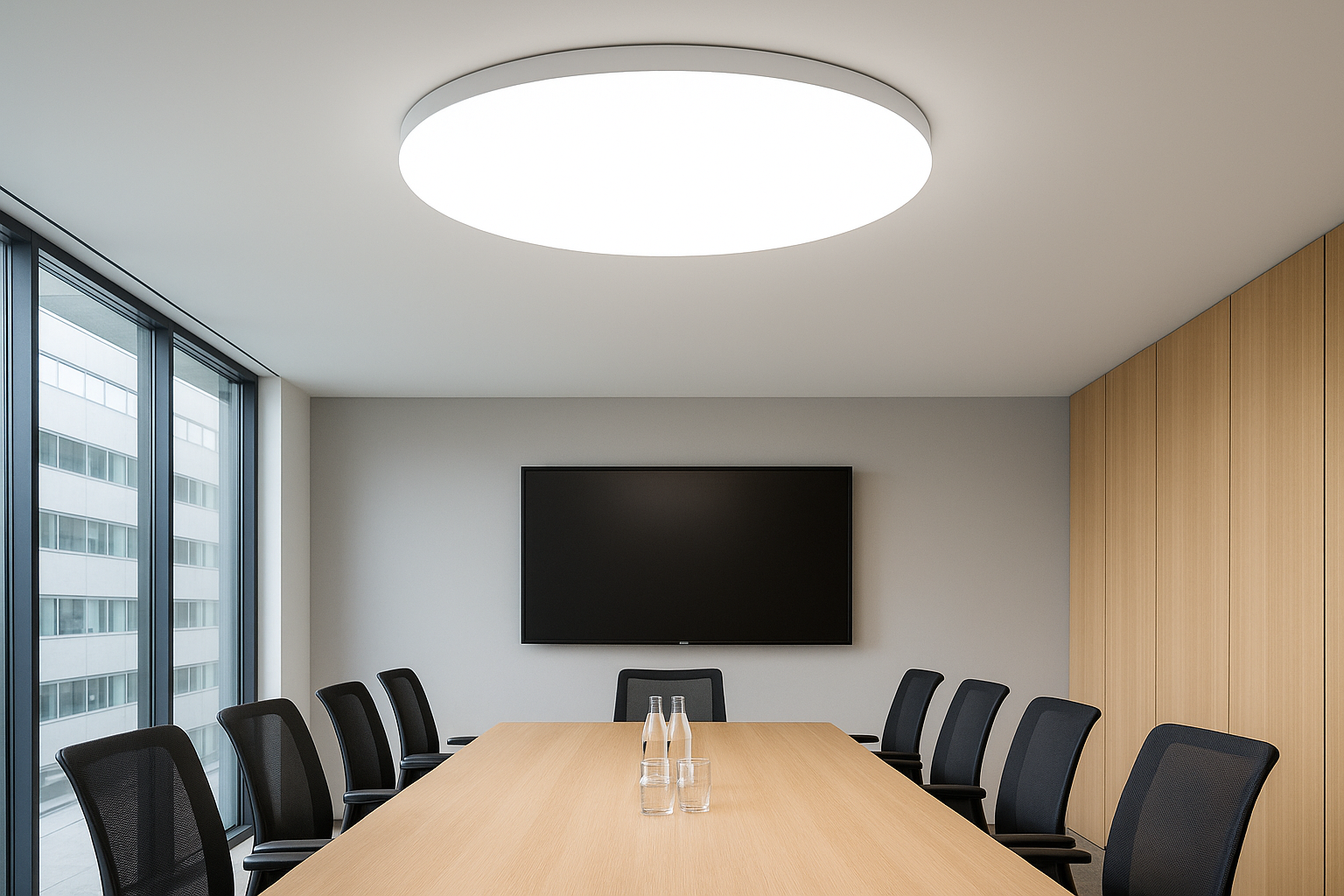 Modern conference room with a large table, chairs, and a mounted screen.
