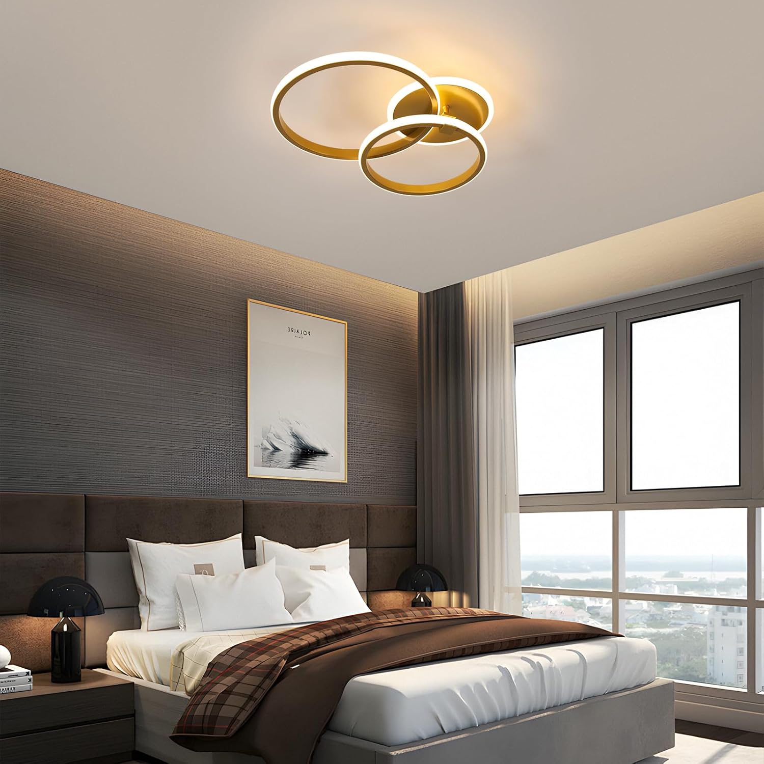 Modern bedroom with a ceiling light fixture, bed, and large window.