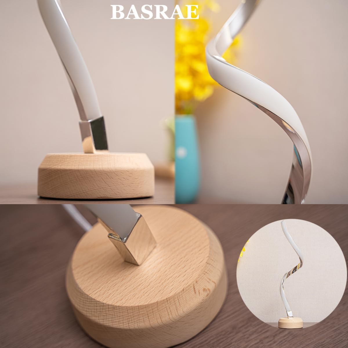 Modern desk lamp with wooden base and curved metal arm on a neutral background.
