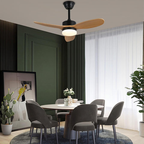 Modern dining room with a ceiling fan, table, and chairs.