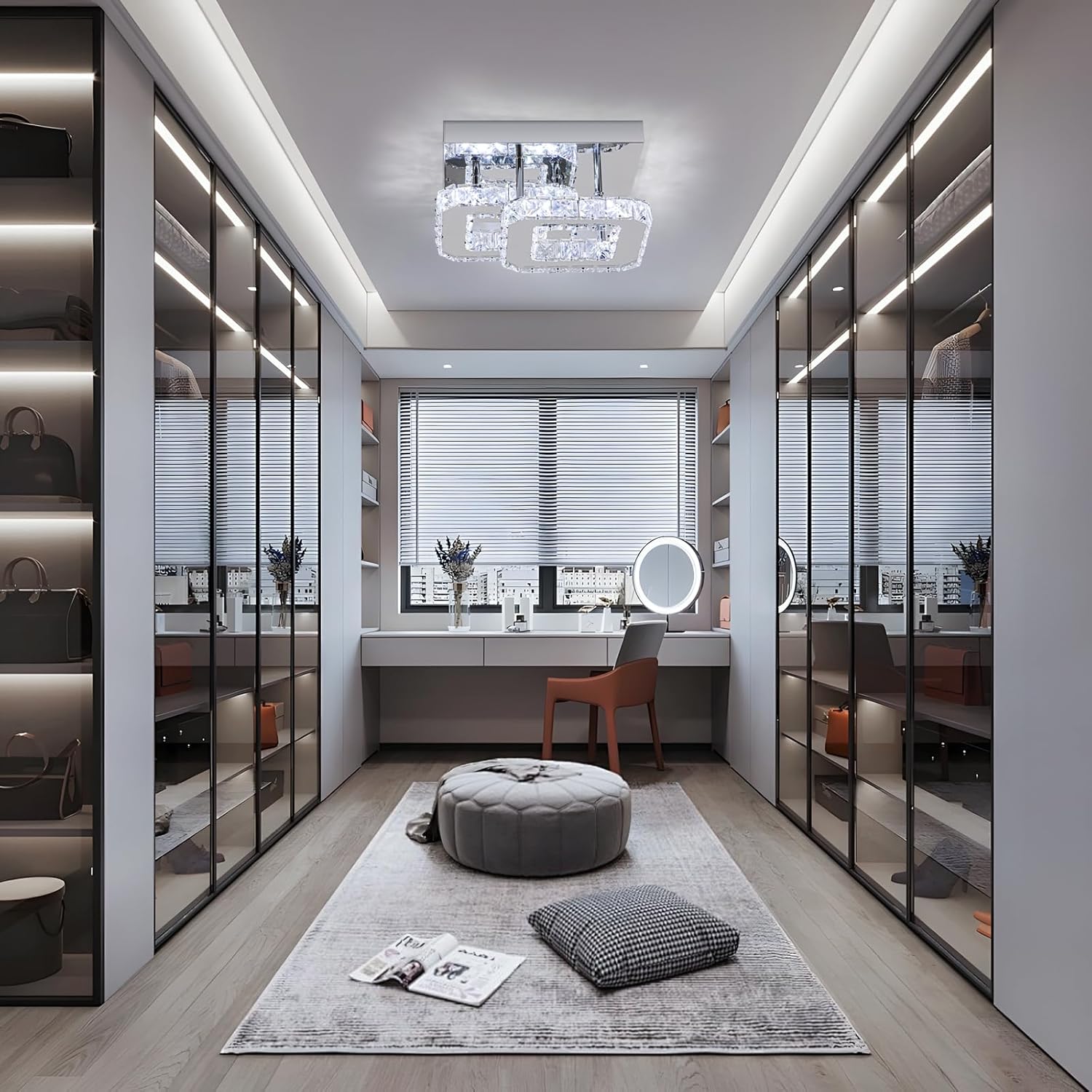 Modern interior design of a room with glass walls, a desk, and decorative elements.