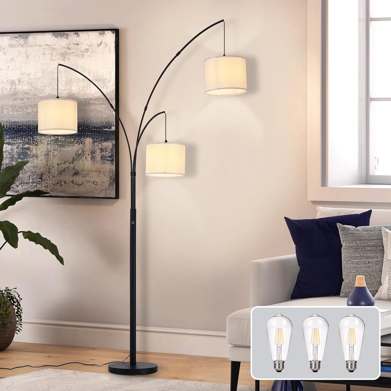 Modern floor lamp with three lampshades in a living room setting, with inset images of light bulbs.