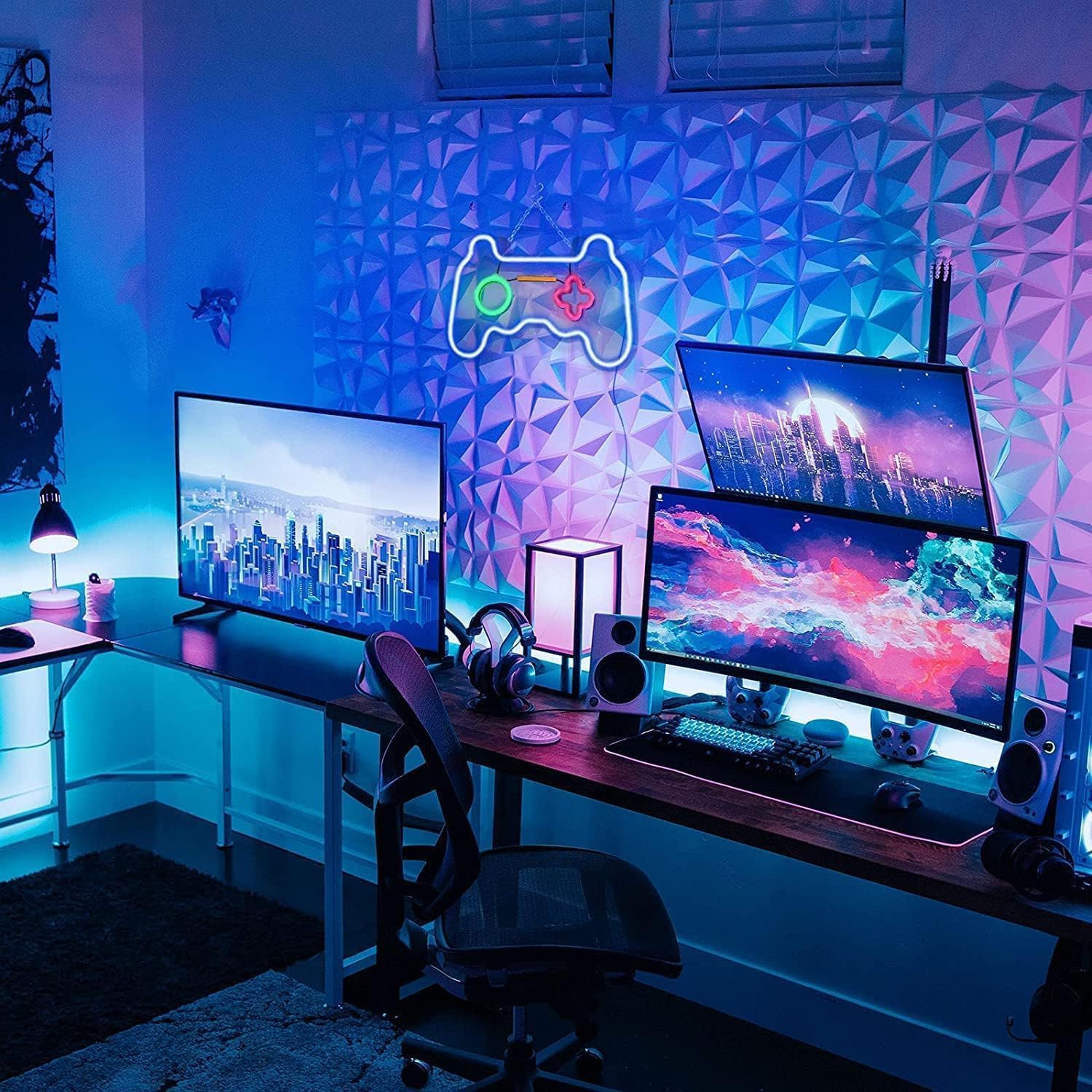 Modern gaming setup with multiple monitors, gaming chair, and neon sign on a geometric patterned wall.