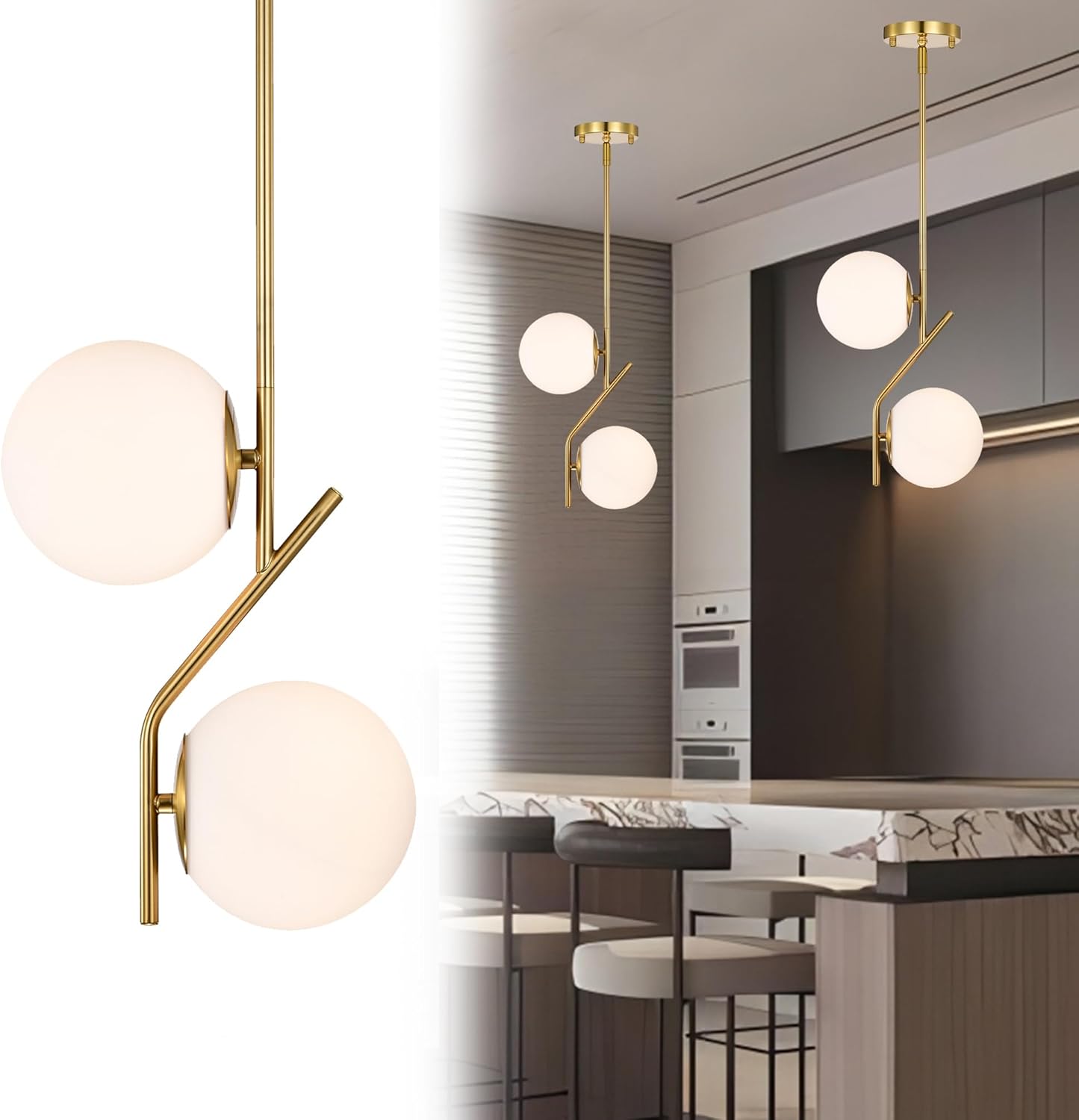 Modern gold pendant light fixture with white glass shades in a kitchen setting.