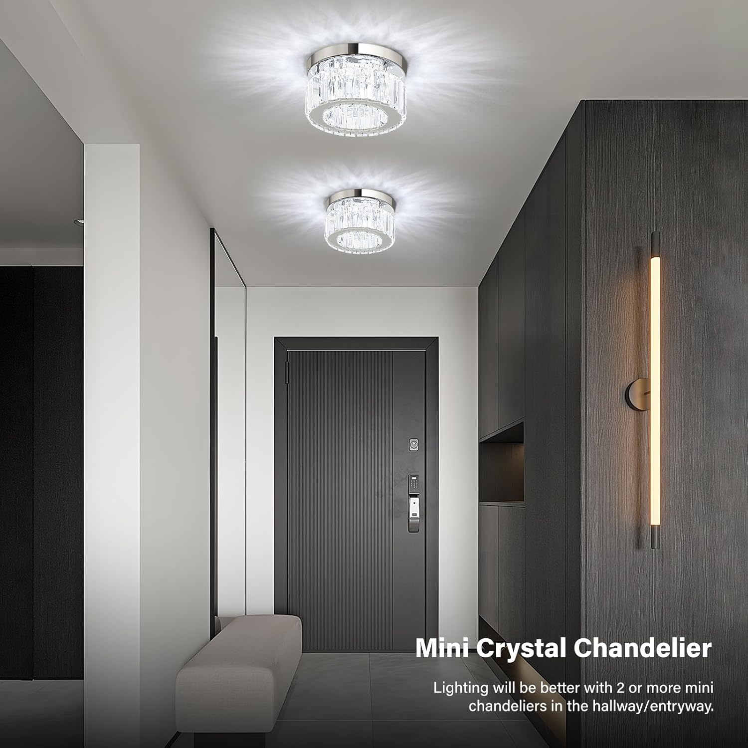 Modern hallway with ceiling lights and wall sconce, featuring a mini crystal chandelier.
