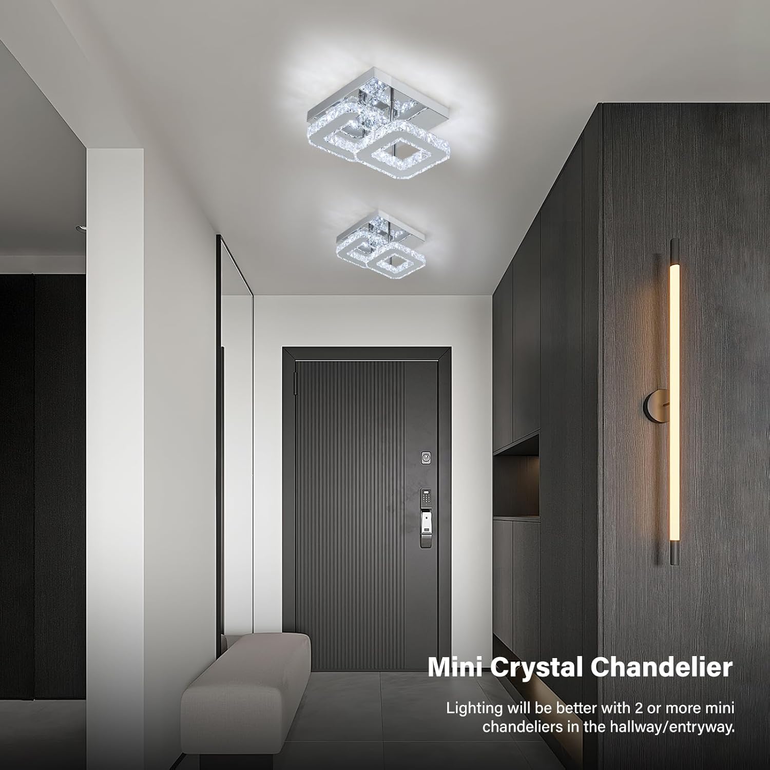 Modern hallway with ceiling lights and wall sconce, featuring a mini crystal chandelier.