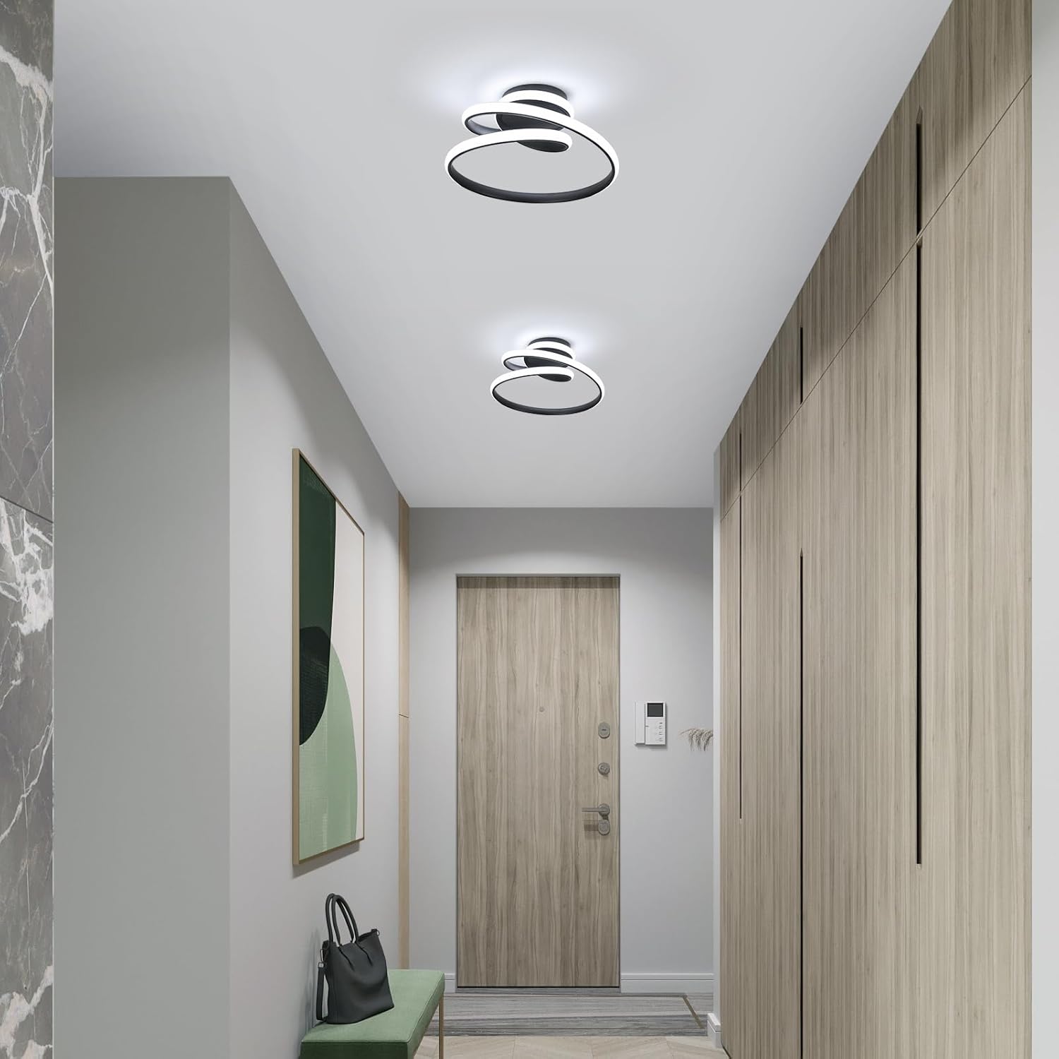 Modern hallway with ceiling lights, door, and wall art