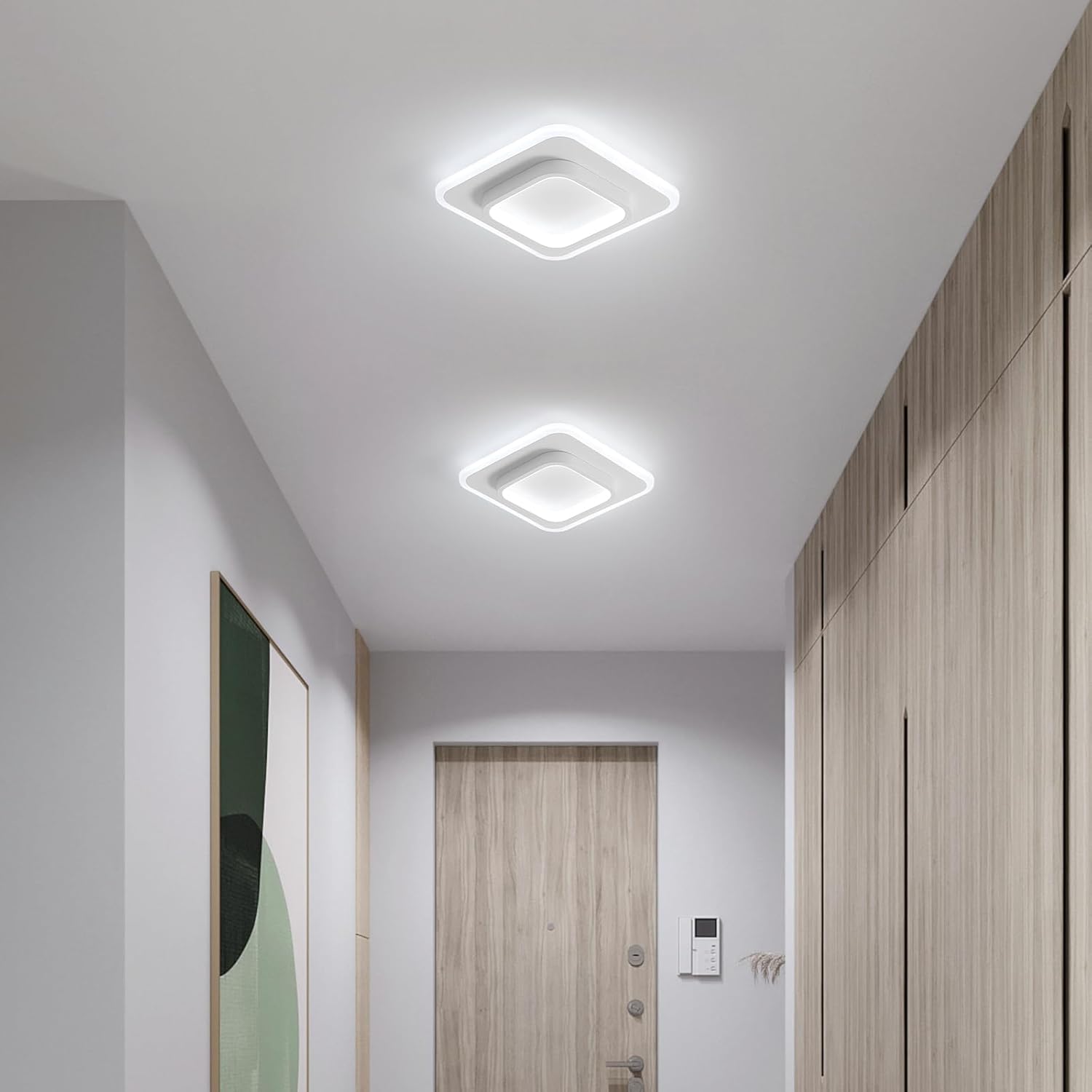 Modern hallway with square ceiling lights, wooden door, and wall-mounted phone.