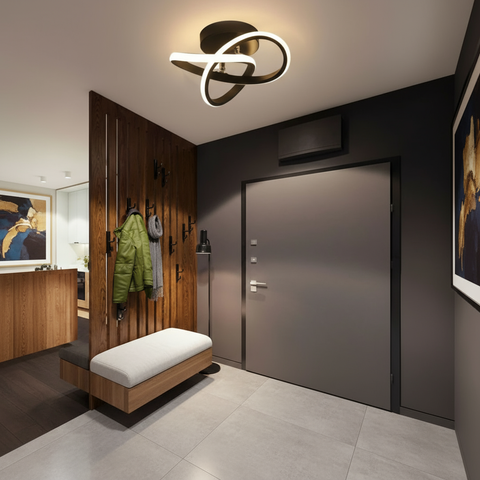 Modern hallway with wooden coat rack, bench, and ceiling light fixture.