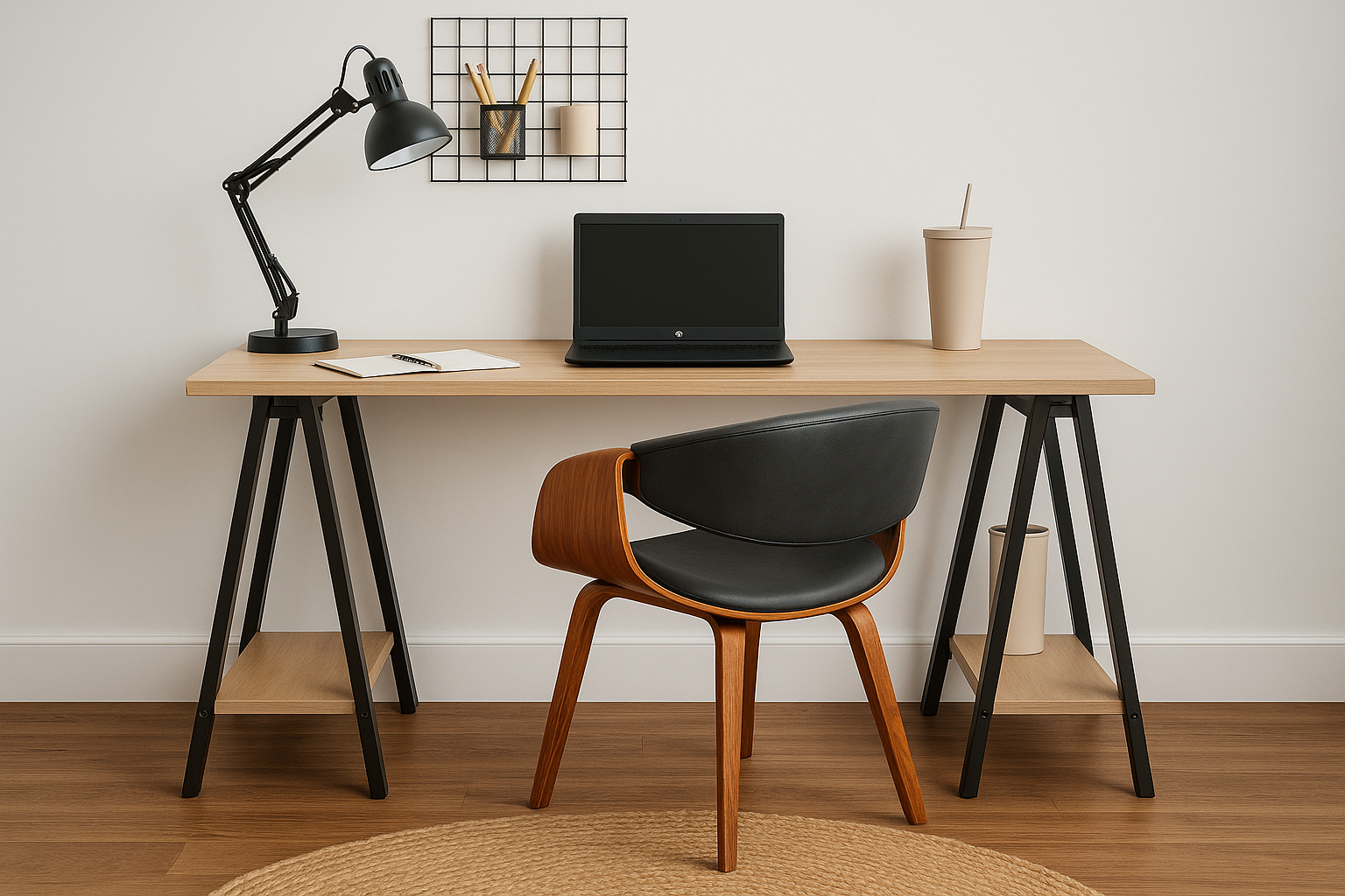 Modern home office desk with a laptop, lamp, and chair.