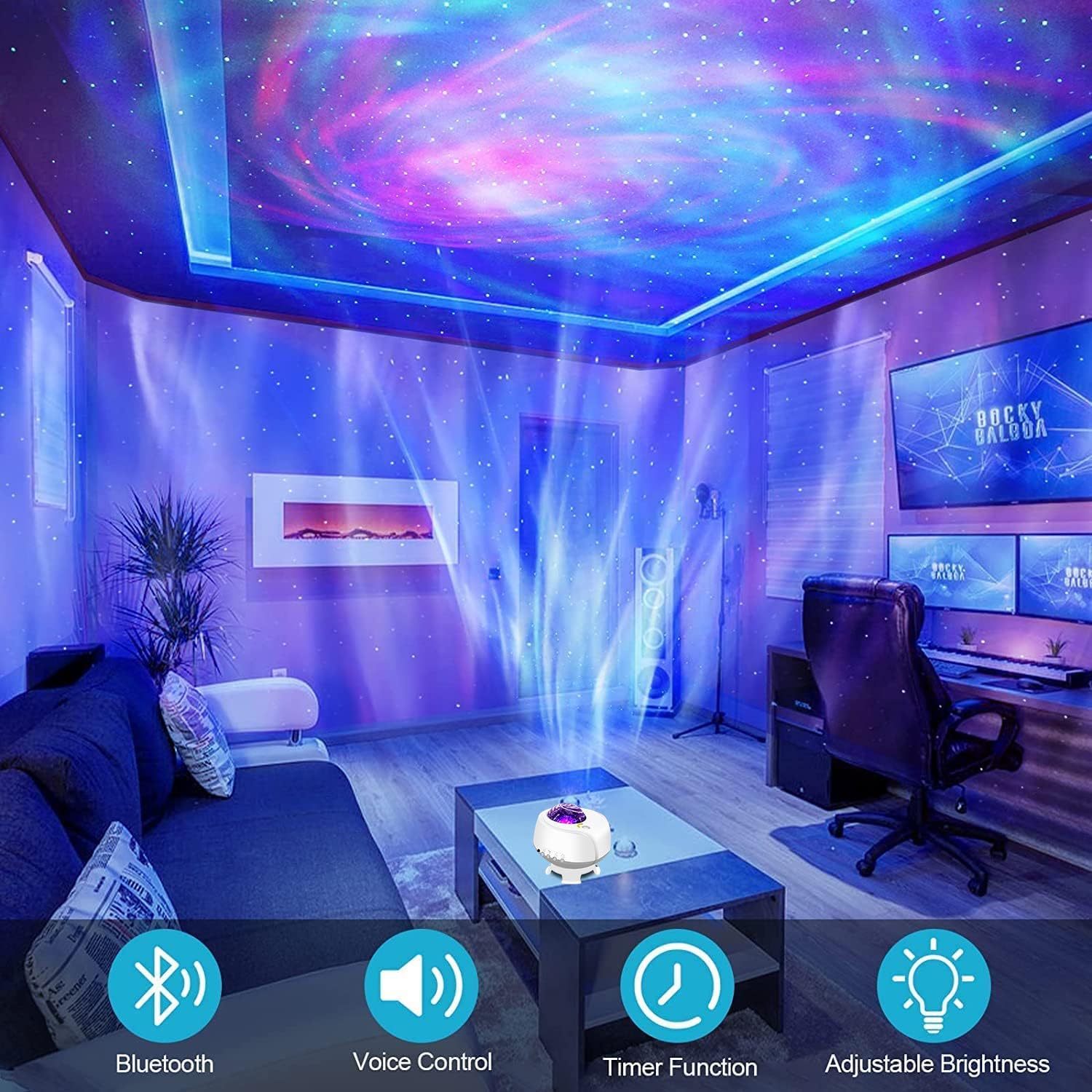 Modern home office with ceiling projection and electronic devices.